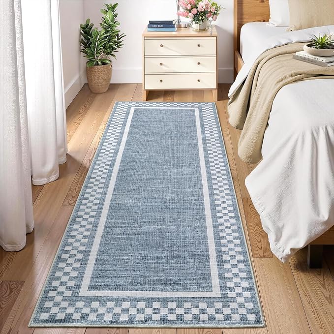 GarveeHome Kitchen Runner Rug Washable Runner Rug 2x6 for Hallway | Non Slip Soft Throw Carpet Modern Bordered Bathroom Mat Low Pile Checkered Runners for Bedroom Living Room Entry, Blue