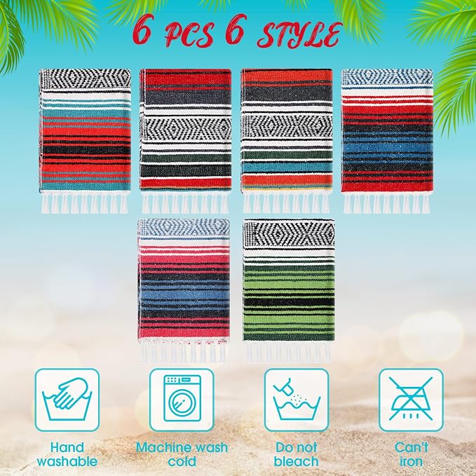 Oudain 6 Pack Mexican Blankets 45 x 70 Inch Woven Serape Throw Blanket, Baja Yoga Blanket for Beach Picnic Camping Boho Couch Decor Travel Outdoor (Retro Color)
