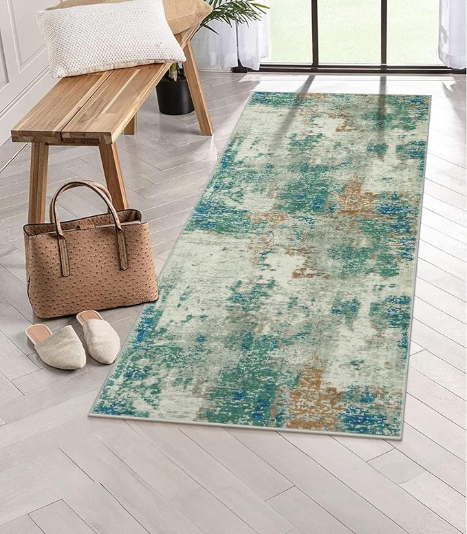 Lahome Modern Abstract Runner Rug with Rubber Backing - 2x6 Washable Rug Runners for Hallways Non Slip, 6 Ft Long Accent Carpet for Bathroom Kitchen Bedroom Entryway,Green/Grey