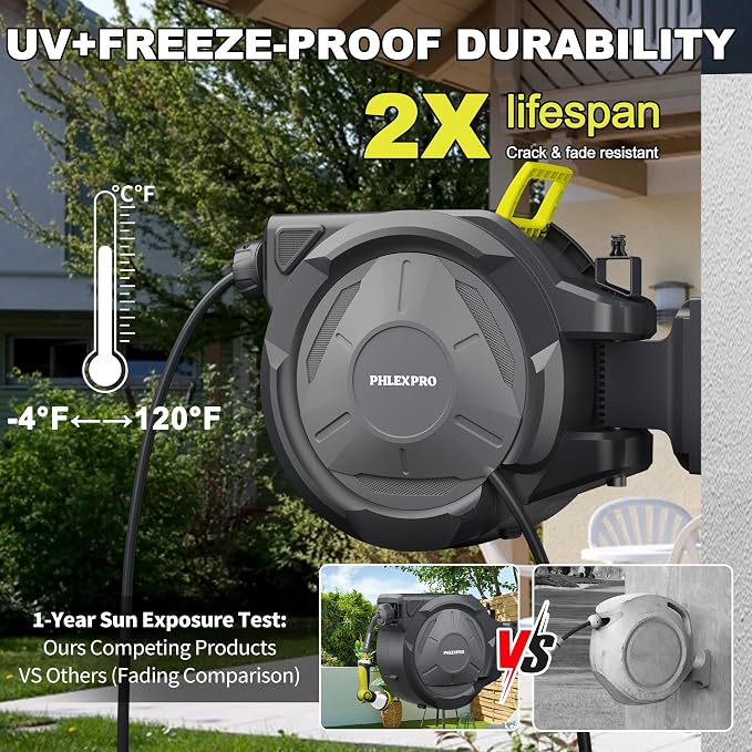 160 FT x 1/2" Retractable Garden Hose Reel - PHLEXPRO Heavy Duty Hose Reel Wall Mount - 3/4in Brass Fitting 10Pattern Nozzle, Any Length Lock, Automatic Slow Retraction 180° Swivel, UV Resistant