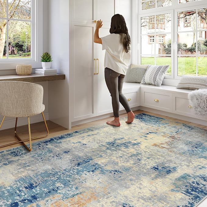 Lahome Modern Abstract 6x9 Area Rugs for Living Room, Washable Accent Bedroom Rug Low Pile Stain Resistant, Blue Soft Indoor Contemporary Carpet for Dining Room Table Apartment