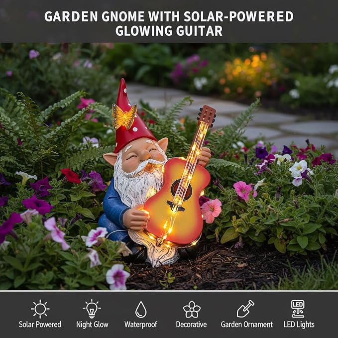 Funny Garden Gnome Statue Solar Hippie Gnomes Decorations Figurine Yard Ornament Gnome Playing Lighted Guitar LED Lawn Patio Porch Decor for Outdoor House Housewarming Gifts for Women