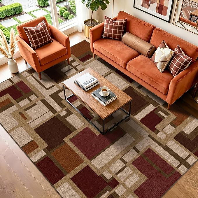 Modern Geometric 8x10 Area Rugs for Living Room, Red Brown Washable Rug | Contemporary Patchwork Blocks Non-Slip Indoor Carpet for Bedroom Dining Room Office | Abstract Soft Low-Pile Large Rug