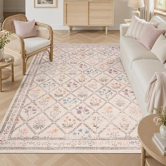DCX Washable 6x9 Rose Biege Floral Rug for Girls Bedroom | Soft Cottagecore Rug for Baby Girl Nursery, Non Slip Low Pile, Kid & Pet Friendly Vintage Botanical Carpet
