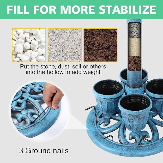 Bird Bath for Outside with 4 Removable Flower Planters 28in Polyresin Lightweight Vintage Birdbath for Outdoors Stake Standing Bowl and Water Feeder Yard Garden Decor Blue