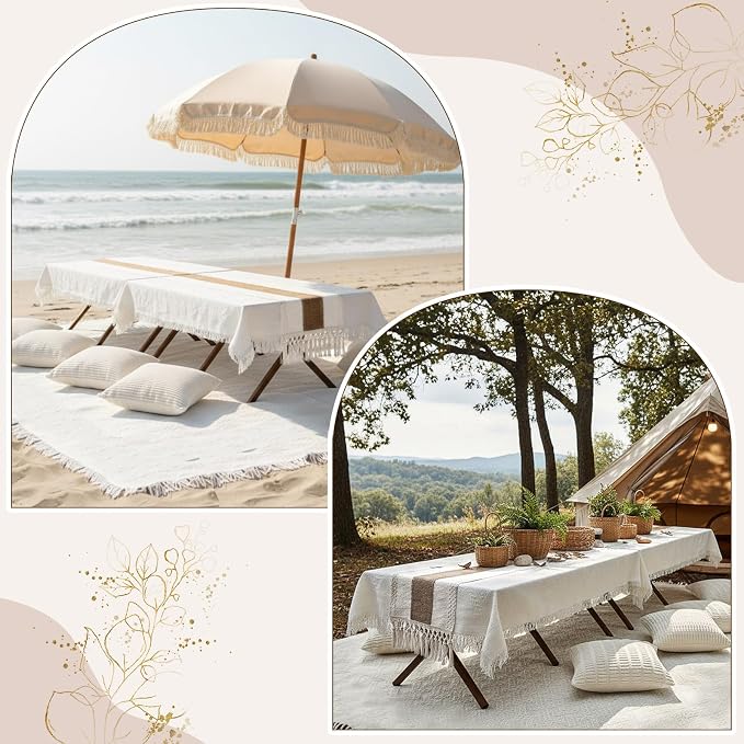 Novabright Picnic Kit Folding Picnic Table Extra Large Outdoor Boho Blanket Beige Table Runner Floor Pillow Covers Woven Cotton Oversize Washable for Camp Wedding(Cream White,Pillow Covers,20 Pcs)