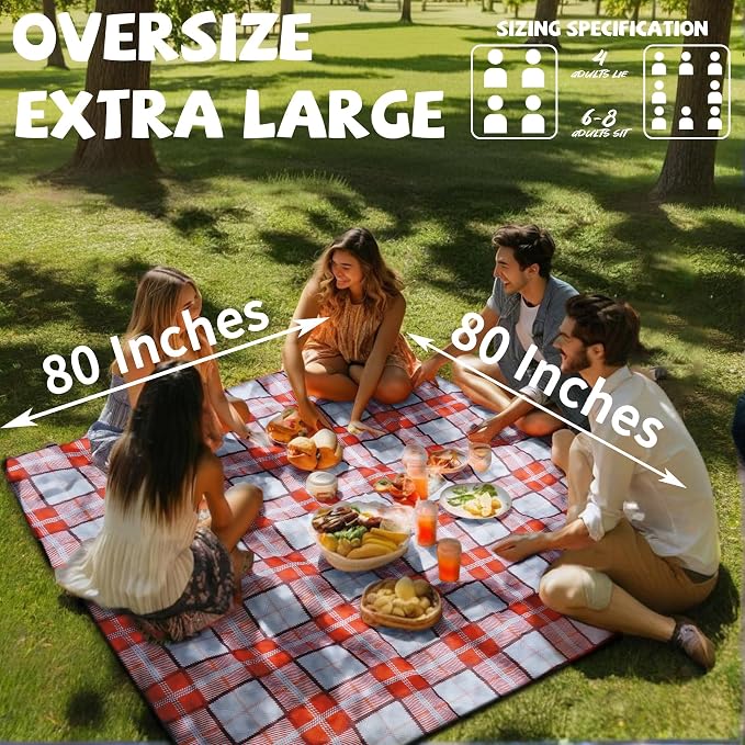 Extra Large Picnic Blankets Lightweight 80x80 Oversized Waterproof Sandproof Outdoor Beach Blanket Camping Grass Mat Vaction Essential Park Accessories Grass Garden Must Have Ground Backyard Supplies
