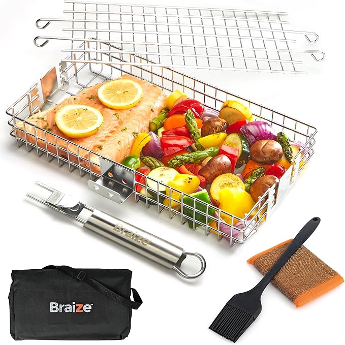 Adjustable Grill Basket with Removable Handle – 4 Height Levels for Vegetables, Meat, Fish & More – Locking Lid - Basting Brush, Scrub Sponge & Storage Bag for Outdoor Cooking