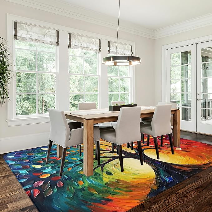 Tree of Life Washable Area Rugs 5x7,Colorful Abstract Leaves Area Rug for Living Room Bedroom,Indoor Non-Slip Large Throw Carpet for Kitchen Entryway Bathroom Office