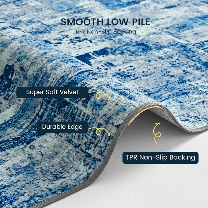 Toneed Washable 2x6 Non-Slip Abstract Runner Rug for Hallway Kitchen | Soft Modern Low Pile Area Rugs for Bedroom Laundry Living room,Indoor Carpet for Bedside Home Decor, Denim Blue