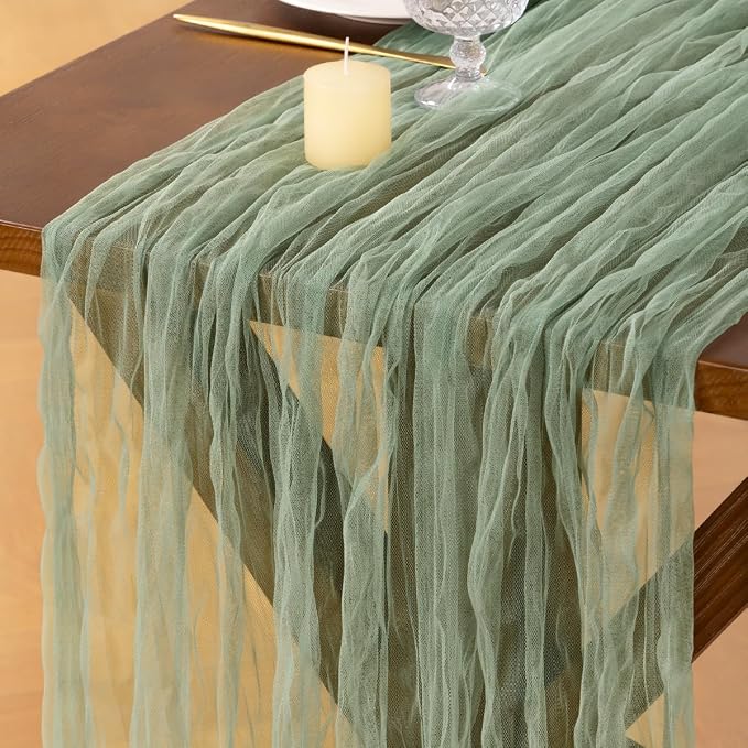 Socomi Sage Green Cheesecloth Table Runner Tulle Gauze Cheese clothBoho Rustic 120 inch 10FT Runner for Wedding Party Baby Shower Birthday Holiday Decorations 3pcs