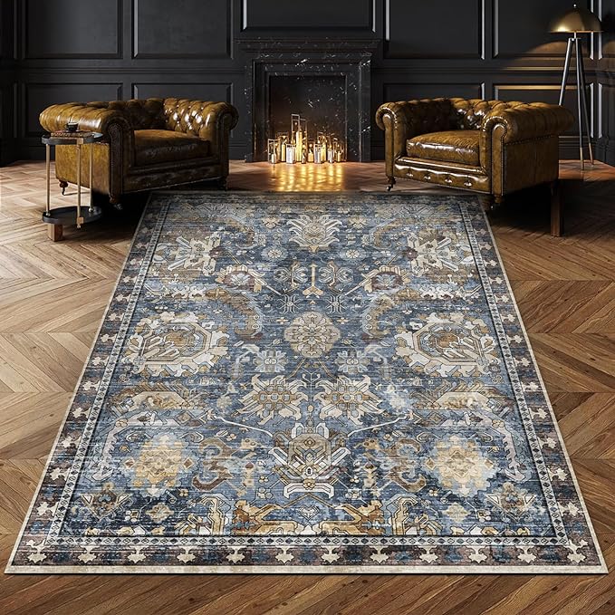 Washable Area Rugs - Perfect for Living Room, Bedroom, Kids Room, Nursery - Stain & Water Resistant Non-Slip, Pet & Child Friendly, Vintage Tribal Area Rugs (Navy, 4' x 6')