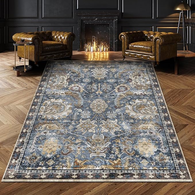 Washable Area Rugs - Perfect for Living Room, Bedroom, Kids Room, Nursery - Stain & Water Resistant Non-Slip, Pet & Child Friendly, Vintage Tribal Area Rugs (Navy, 3' x 5 ')