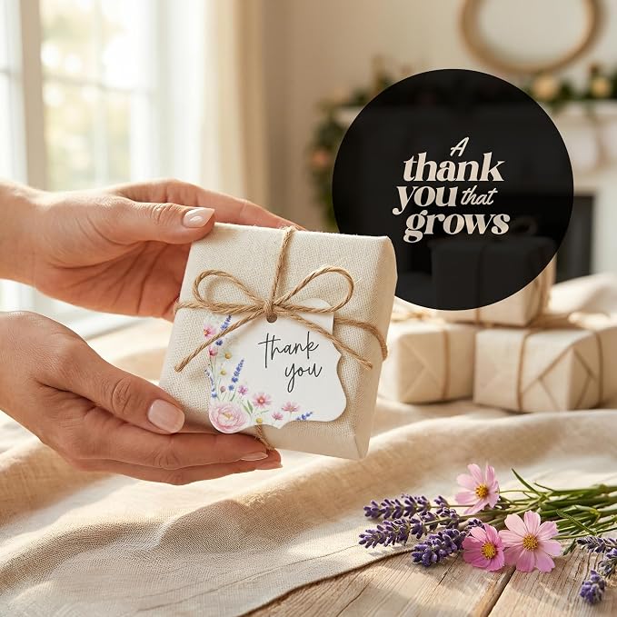 48Pcs Plantable Square Thank You Tags with Wildflower Seeds - 4 Floral Designs (12 Each) Writable Favor Tags for Birthdays, Weddings, Bridal Shower, Mom Gifts, Party Favors & Gift Wrapping