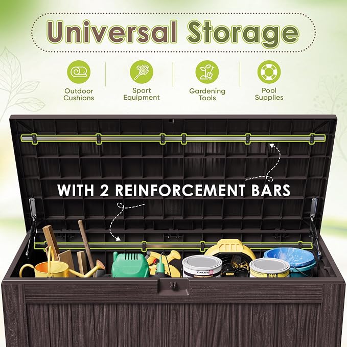 Devoko 125 Gallon Outdoor Storage Box, Waterproof Resin Deck Box for Patio Furniture, Lockable Container for Garden Cushions & Pool Supplies (Brown, 125 Gallon)