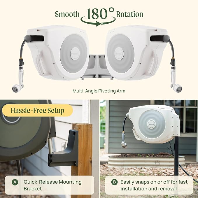 Vego Garden Hose Reel Retractable Hi-Flow Wall Mounted Hose Reel Automatic Rewind, Any Length Lock with 9 Patterns Sprayer Nozzle, Quick Connector and Adjustable shot Nozzle (Seaweed Green, 100ft)