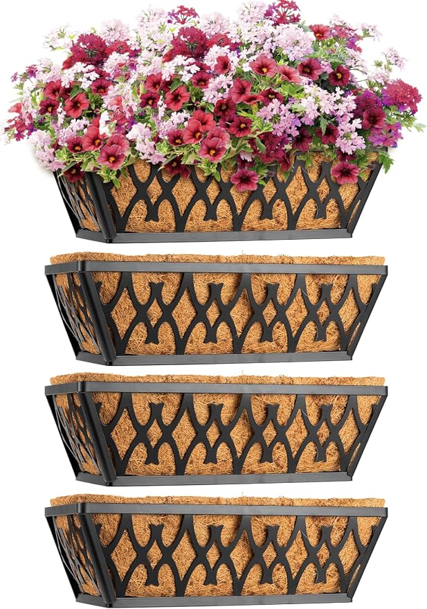 4 Pack 14 Inch Window Boxes Planters Railing Planter Box with Coco Liners Deck Railing Planter Boxes Balcony Hanging Flower Box for Outdoor Plants Garden Decor