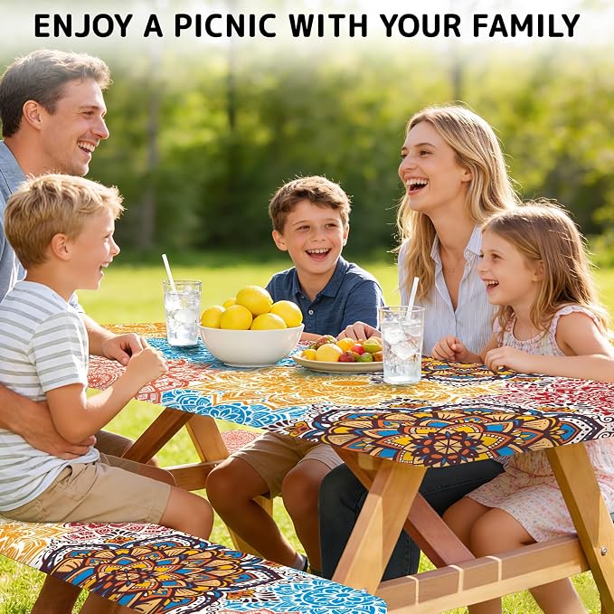 Picnic Table Cover with Bench Covers Elastic Edges, 3 Pcs Mandala Fitted Table Cover with Drawstring Bag, Waterproof Windproof Aesthetic Camping Tablecloth, Outdoor Camping Essentials 72 Inch