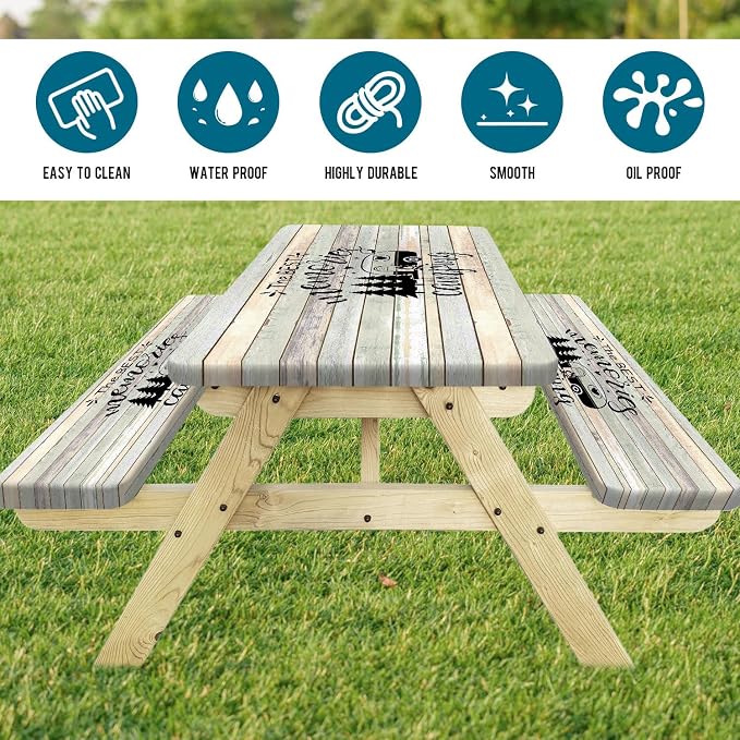 Picnic Table Cover with Bench Covers and Bag, Outdoor Camping Camper RV Wood Waterproof Windproof Tablecloth with Elastic Edges, Camping Accessories RV Gear Campers 72x30 Inches 3 Pcs Set