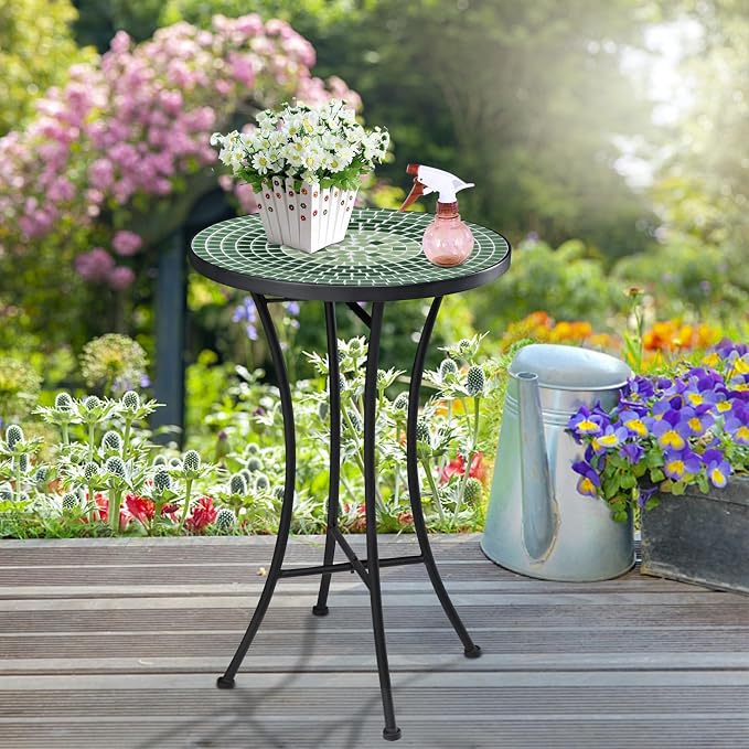 Vipush Mosaic Outdoor Side Table, 14" Round Folding Plant Stand for Patio Garden Backyard Balcony Porch Indoor Accent End Table for Living Room, Ceramic Tabletop with Black Iron, Green