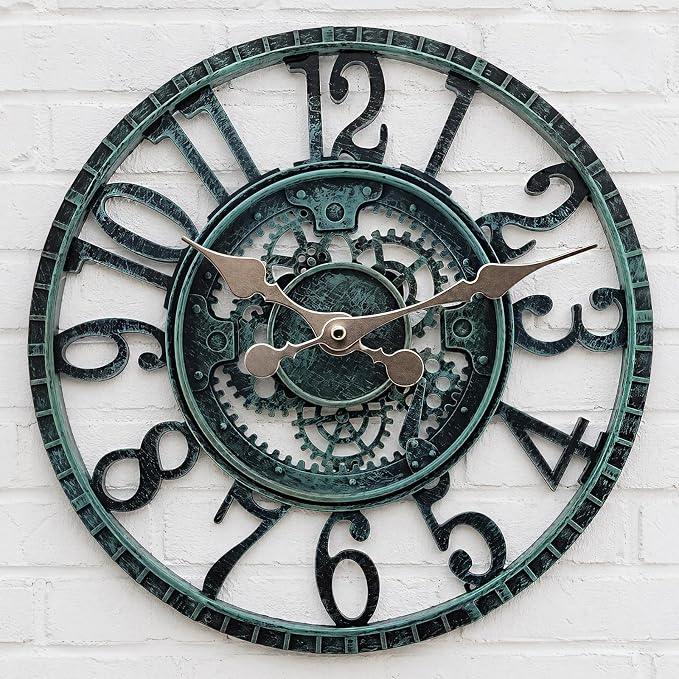 Outdoor Wall Clock for Garden, Patio and Deck, 12in Garden Clock Waterproof Clocks -Not Silent (Turquoise-A)