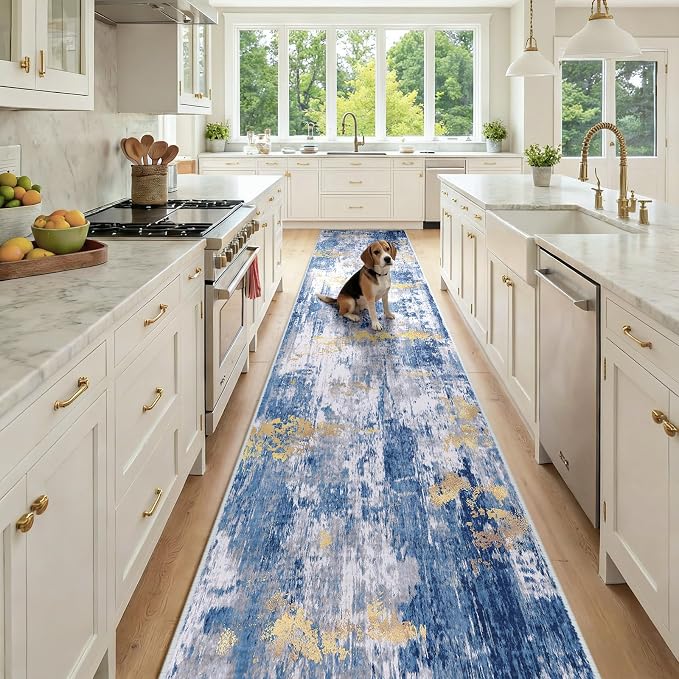 RELEANY Washable Runner 2'6"x14' Abstract Area Rug for Hallway Blue Gold | Carpet for Kitchen, Entryway, Bathroom, Living Room, Bedroom, Printed Pattern, Non‑Slip, Soft, Stain‑Resistant, Easy to Clean