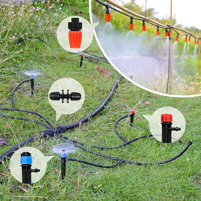 MIXC 226FT Greenhouse Micro Drip Irrigation Kit, Automatic Patio Plant Watering System with 1/4" & 1/2" Tubing, Adjustable Nozzles, Emitters, & Barbed Fittings for Efficient Irrigation