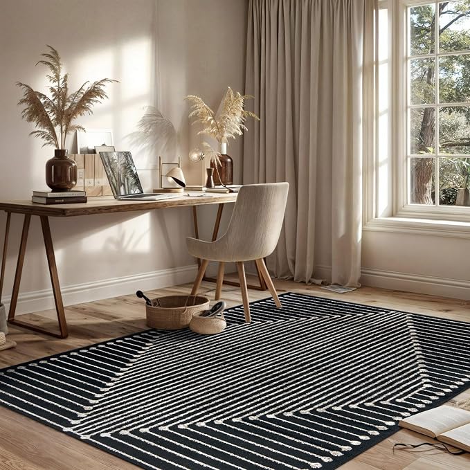 Rugshop Contemporary Bohemian Stripe Area Rug 5' x 7' Black | Jute Backing, Soft Medium Pile, Stain Resistant, No Shedding, Bedroom, Home Office, Dining Nook, Kids Room, Guest Room