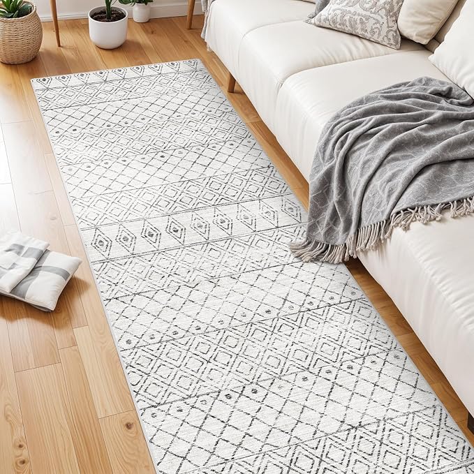 Hallway Runner Rug Washable 2'6"x8': Moroccan Non Slip Rugs Geometric Grey | Soft Indoor Floor Carpet Low Pile Mat with Rubber Backing for Living Room Kitchen Bedroom