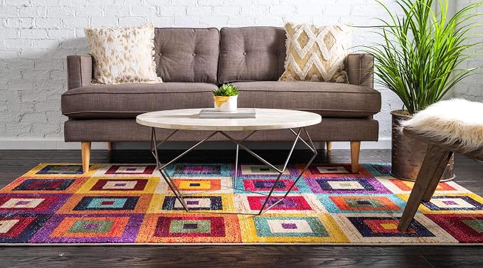 Unique Loom Estrella Collection Colorful, Geometric, Squares Modern, Abstract Area Rug (9' 0 x 12' 0 Rectangular, Multi/Beige)