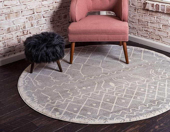 Unique Loom Fez Collection Tribal, Moroccan, Bohemian Area Rug (3' 3 x 3' 3 Round, Gray/ Beige)