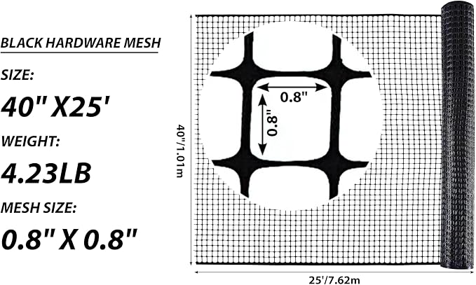 PotatoLife Plastic Hardware Mesh Netting, Garden Netting, Temporary Fence, Tree Guards, Safety Net for Balcony, Deck, Stair Railing, Animal Barrier, Poultry, Deer, with 50 Zip Ties, 40'' x 25', Black