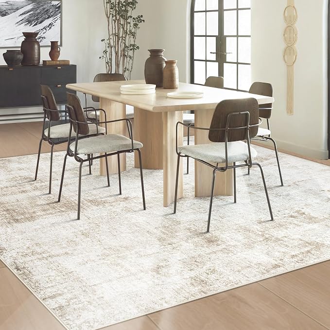 5x7 Area Rugs Washable Rug: Abstract Neutral Rugs Modern Non Slip Area Rug Stain Resistant Low Pile Indoor Carpet for Dining Room Bedroom Nursery Office (Beige, 5'x7')