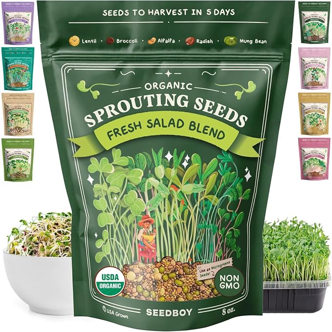 Seedboy Organic Non-GMO Sprouting Seeds, Fresh Salad Blend - USA Grown Microgreens Mix with Alfalfa, Broccoli, Radish, Mung Bean & Lentil - 8 oz Bag Makes 8 Quarts / 32 Servings (Salad Blend)