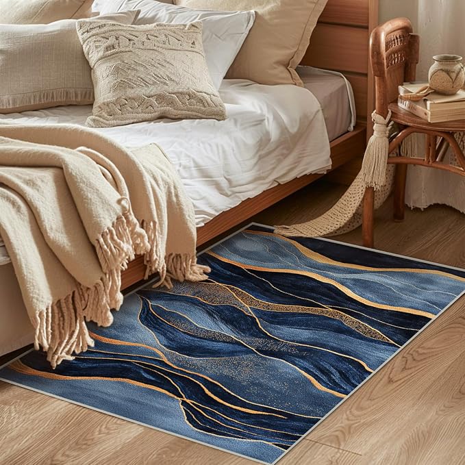 Abstract Area Rug Washable 2x3 Rugs for Living Room Bedroom Modern Navy Blue and Gold Non-Slip Soft Floor Large Carpet for Office Entryway Bathroom