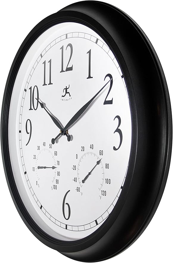 Infinity Instruments 24 inch Classic Black Wall Clock Thermometer Humidity Outdoor | Round Outdoor Wall Clock | Outdoor Indoor Thermometer Clock Hygrometer | Great for Garage, Patio, Pool, Outdoors