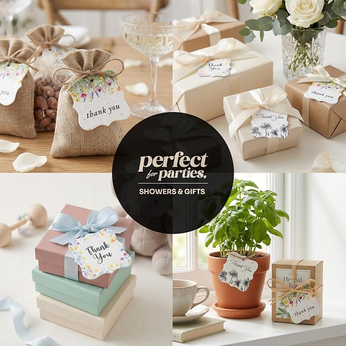 48Pcs Plantable Square Thank You Tags with Wildflower Seeds - 4 Floral Designs (12 Each) Writable Favor Tags for Birthdays, Weddings, Bridal Shower, Mom Gifts, Party Favors & Gift Wrapping