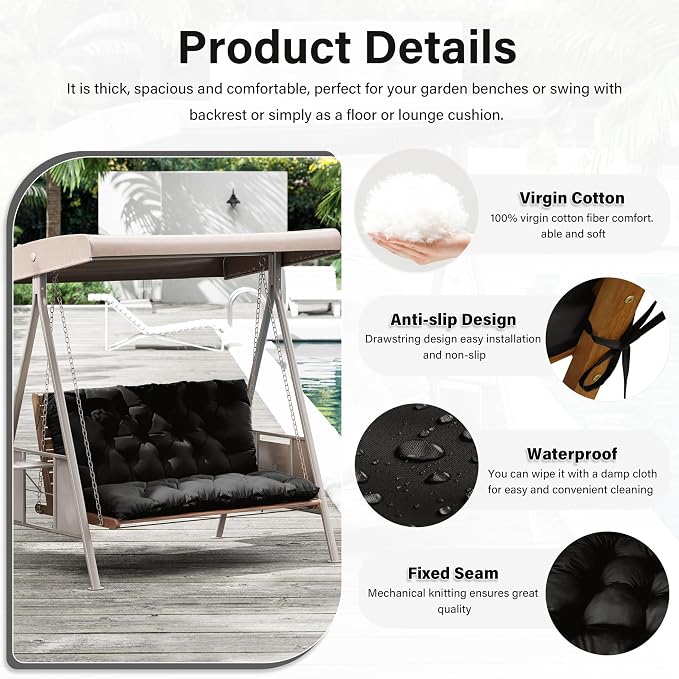 Porch Swing Cushion with Backrest,Waterproof Bench Cushion for Outdoor Furniture,2-3 Seater Replacement Thickened 5 in swing cushion,with Ties,Patio,Outdoor,Backyard and Garden (Black,47x40 in)