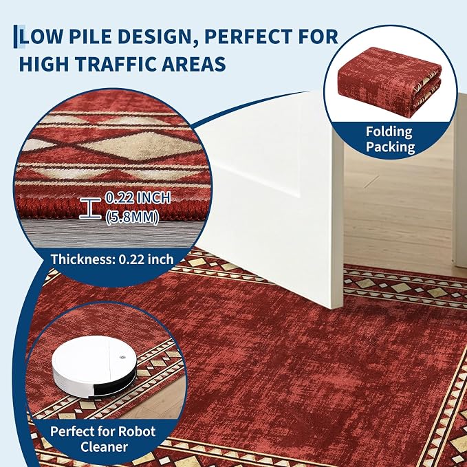 Garvee 5x7 Area Rugs Vintage Border Washable Rugs Living Room, Red | Boho Area Rug Stain Resistant Easy Cleaning Throw Rugs Non Shedding Low Pile Floor Cover for Nursery Dining Room