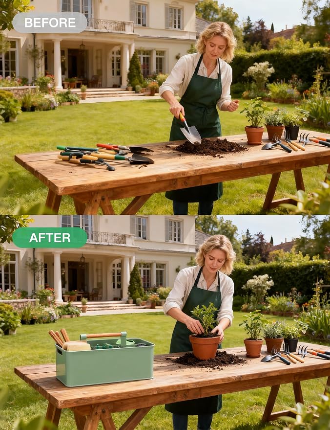 Gardening Tool Caddy, Garden Tool Basket with 4 Compartments, Metal Garden Caddy with Wooden Handle for Indoor & Outdoor