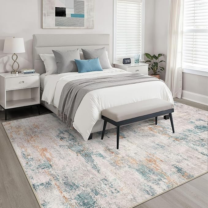 LOONGRUG 5x7 Area Rug Washable Neutral Modern Living Room Rug Teal Brown | Abstract Soft Stain Resistant Indoor Floor Non-Slip Carpet for Bedroom Nursery Kids Office Playroom