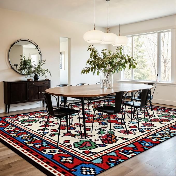 9x12 Area Rugs for Living Room Colorful Oriental Mosaic Traditional Geometric Ornament Floral Motifs Washable Large Area Rug for Bedroom Non Slip Outdoor Carpets Soft Mats Kitchen Home Office Decor