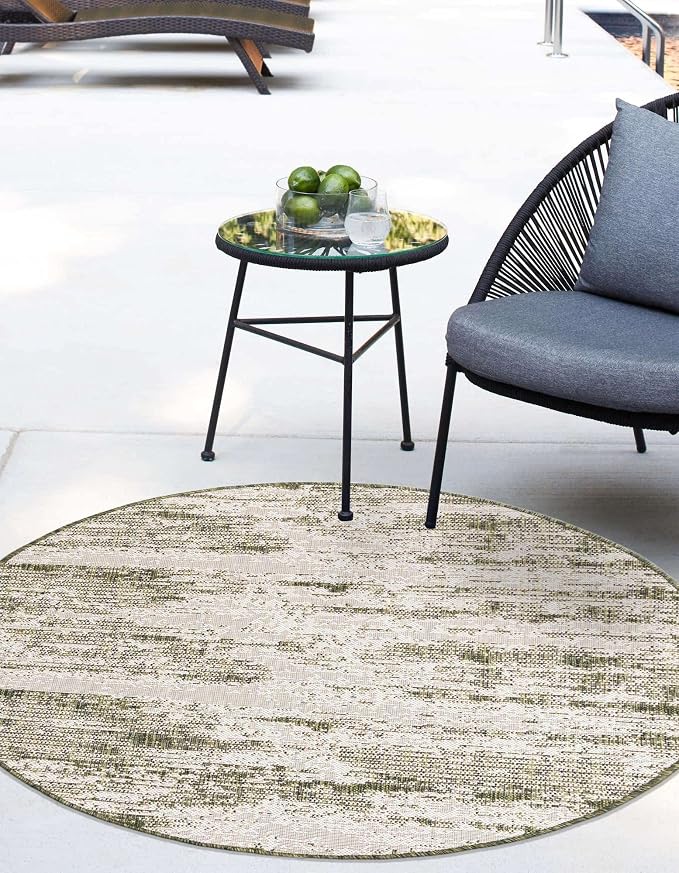 Unique Loom Outdoor Modern Collection Area Rug - Cartago (10' Round, Green/ Ivory)