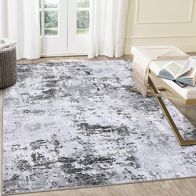ROYHOME Modern Abstract Area Rug 3x5 Non Slip Non Shedding Rug,Grey | Low Pile Stain Resistant for Bedroom Living Room