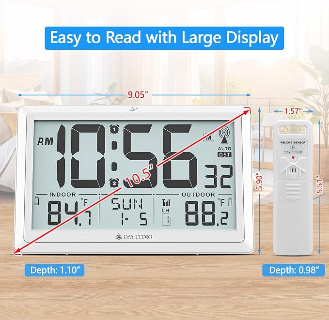 Atomic Clock Wall with Indoor/Outdoor Temp, Battery Operated Digital Wall Clock with 10.5" Large LCD Display, 330ft Range Desk Table Clock with Alarm, DST, Calendar for Living Room Bedroom, White