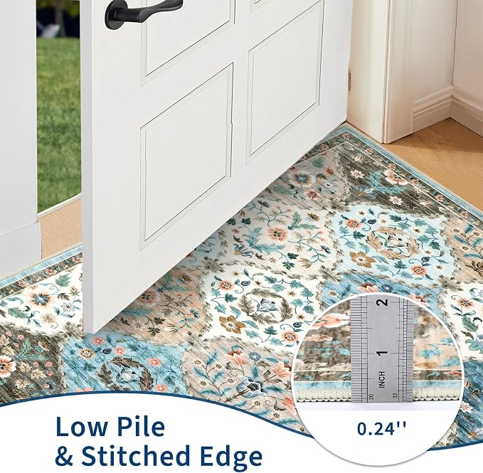 ROYHOME Runner Rug Trellis Washable Hallway Runner Rug 2' x 6' | Stain Resistant Non-Slip Distressed Floral Runner Entrance Carpet for Bedroom Laundry Kitchen Entryway, Blue/Taupe