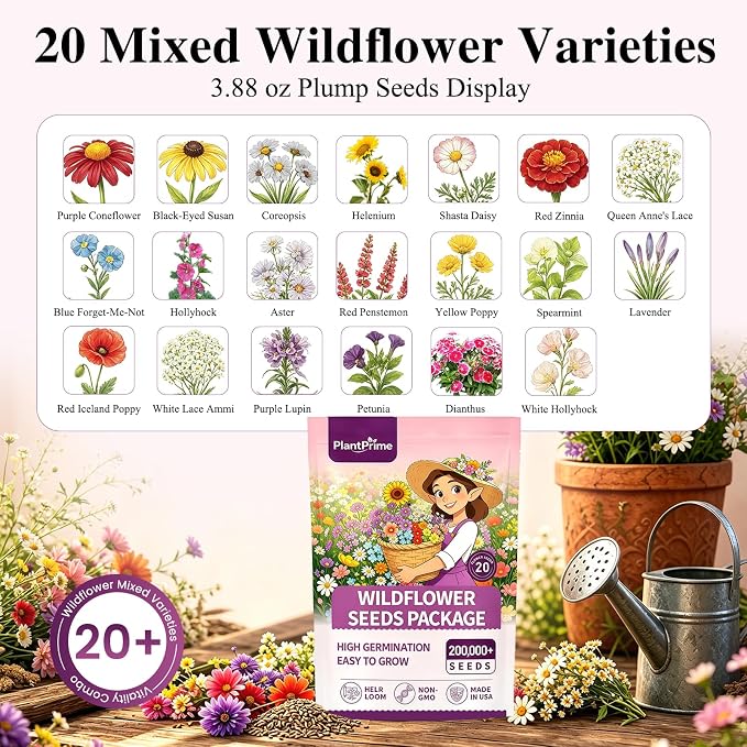 Wildflower Seeds Bulk (4oz) – 20 Varieties 200,000+ Perennial & Annual Mix, High Germination, Attracts Bees, Butterflies & Hummingbirds for Outdoor Pollinator Garden, Non-GMO Easy Grow