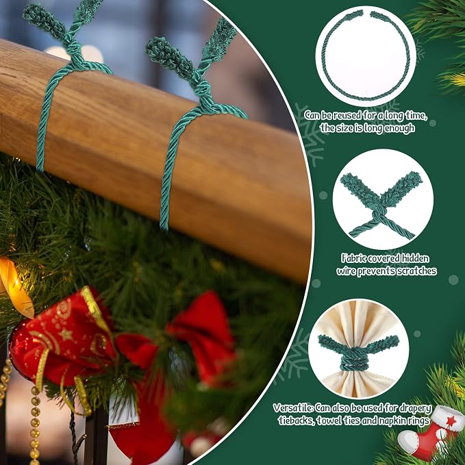 Zhengmy 48 Pcs Christmas Garland Ties Extra Long 30'' 25'' 20'' Green Decorative Twist Tie for Banister Reusable Flexible Twist Tie for Garland Stairway Railing Xmas Home Holiday Decor