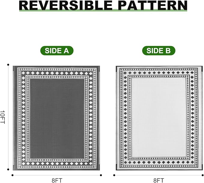 RURALITY Outdoor Rugs 8x10 Waterproof for Patios Clearance,Plastic Straw Mats for Backyard,Porch,Deck,Balcony,Grey and White