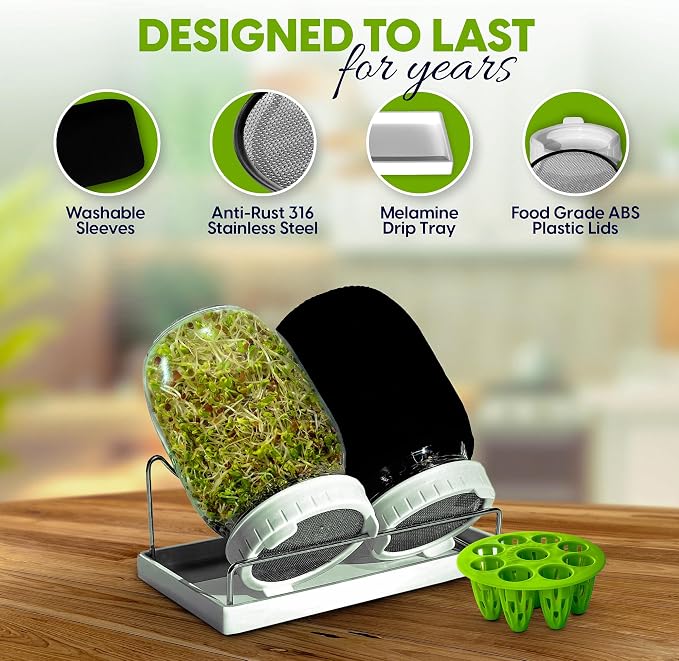 Sprouting Jar Kit - 2 Mason Jars with Broccoli & Alfalfa Seeds | Includes Green onion regrower, sprout lids, drain tray and Premium USA seeds